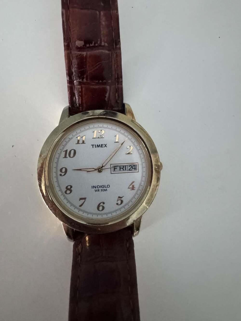 Timex Indiglo Gold Tone Day Date White Dial Brown Leather Band Watch WR30M